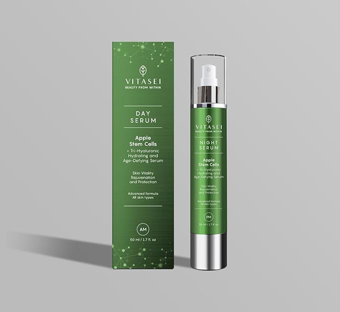 AM Day Serum W/Apple Stem Cells, Hyaluronic Acid, Green Tea, Chamomile Extract, Orange, Vitamin C, Olive & Aloe Vera for Face - Anti-Aging & Moisturizing Facial Serum for Women - 1.7 Fl oz