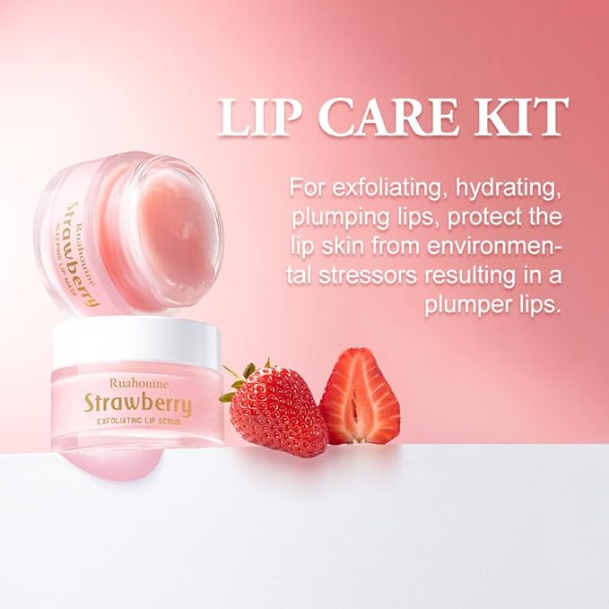 Strawberry Lip Scrub And Mask Set, Lip Scrub Kit, Lip Scrub Set, Sugar Lip Scrub Exfoliator, Lip Scrub For Dark Lips To Lighten, Lip Care Kit, Sleeping Lip Mask, Lip Mask Pack, 1.4 oz / 2-piece