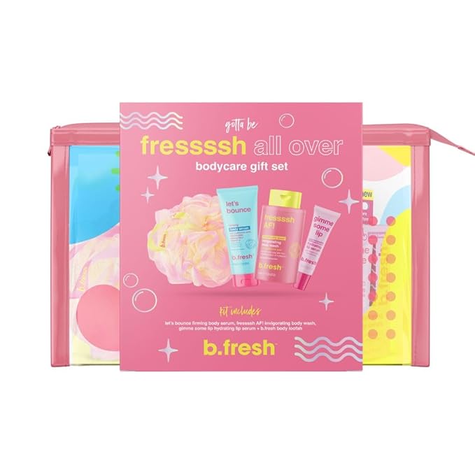 b.fresh Body Care Gift Set | Fressssh All Over - Self Care Kit Includes Travel Size Body Wash, Firming Body Serum, and Full Size Loofah with Hydrating Lip Serum