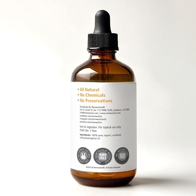 ORGANIC APRICOT KERNEL OIL MOISTURIZER - in Large 4 oz Dark Glass Bottle with Dropper | 100% Pure and Unrefined | Skin Massage Oil for Body Hands & Feet