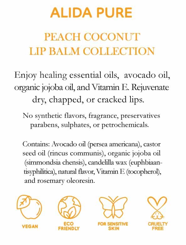 Lip Balm Collection - Peach Coconut, Vegan, Beeswax Free, Avocado Oil, Organic Jojoba Oil, Vitamin E, Moisturizer for Dry, Chapped Lips - 3 Tube Set