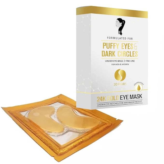 Golden Under Eye Patches (20 pairs) - Eyes Masks with Amino Acids, Collagen & Cooling Eye Care for Puffy Eyes, Dark Circles, Wrinkle Skincare Treatment for Men & Women