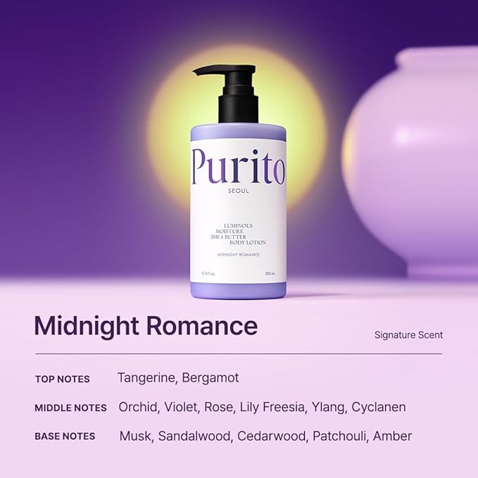 PURITO Luminous Moisture Shea Butter Body Lotion, Shea Butter, Gentle on Skin, Moisturizing, Dry Skin, Pump Bottle, K-Beauty, 300ml / 10.14 fl. oz. (Midnight Romance, 10.14 fl. oz.)