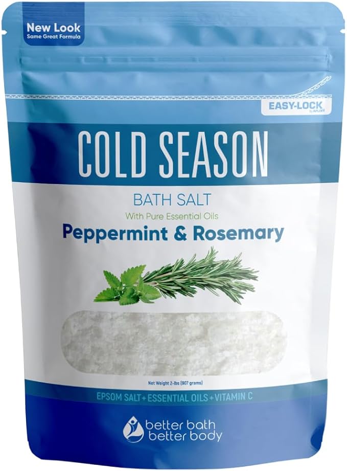 Cold Season Bath Salt 32 Ounces (2 Lbs) USP Grade Epsom Salt with Natural Rosemary and Peppermint Pure Essential Oils Plus Vitamin C in BPA Free Pouch with Easy Press Lock Seal Made in USA
