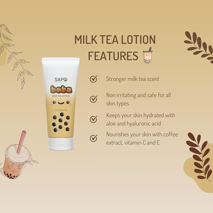 Boba Lotion with Aloe & Vitamin E - Gentle, Hydrating & Moisturizing For Hands, Body, Face & Kids - Caramel Milk Tea Scent, 12 Fl Oz