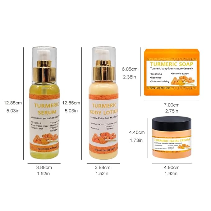 4 Packs Turmeric Serum,Turmeric Soap,Turmeric Body Lotion,Turmeric Facial Cream with Vitamin C, Vitamin E, Collagen,Hyaluronic Acid for Reduces Dark Spots