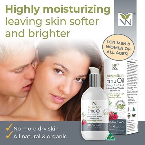 Y-Not Natural Ultra Pure Australian Emu Oil - Luxury, Hospital Grade Emu Oil 200 mL | Free Range Aboriginal Omega 3, 6 & 9 Oil Infused with Rose Wardia - The Ultimate Moisturizer for Skin, Hair, Nails, and Scalp