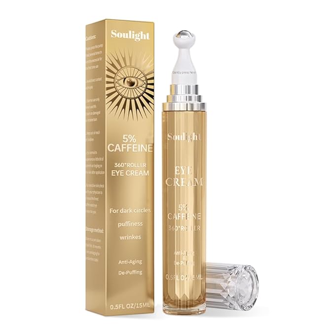 Soulight 5% Caffeine Eye Serum for Dark Circles, Puffiness & Wrinkles - Brightening Under Eyes Treatment with Hyaluronic Acid & Niacinamide - Hydrating & Firming Eye Cream for Sensitive Skin