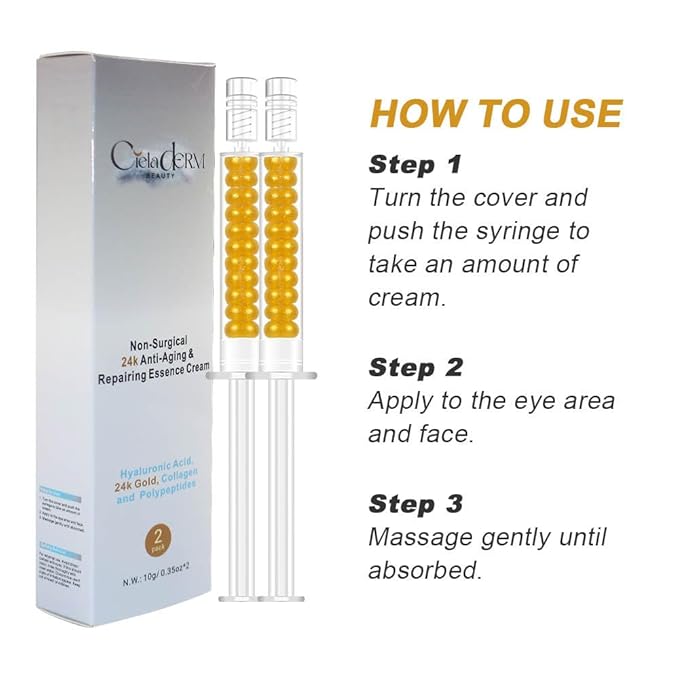 Under Eye 24K Gold Gel |Reduce Fine Lines, Dark Circles, Puffy Eyes, Undereye Bags| Advanced Night Anti Wrinkle Repair Eye Solution Gel-Cream | Facelift Essence Cream | 2 Syringe Pack