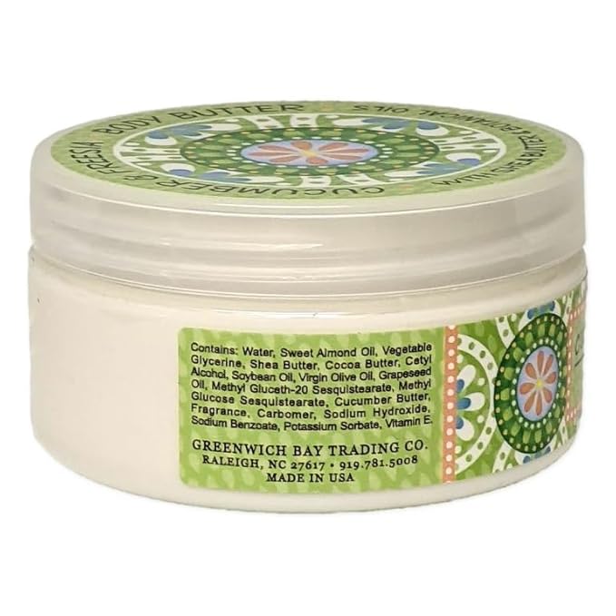 Greenwich Bay Trading Co. Scented Botanic Body Butter - Luxurious Hydration with Shea & Cocoa Butter, Enriched with Vitamin E - 8 Ounce Tub (8 oz., Cucumber & Freesia)