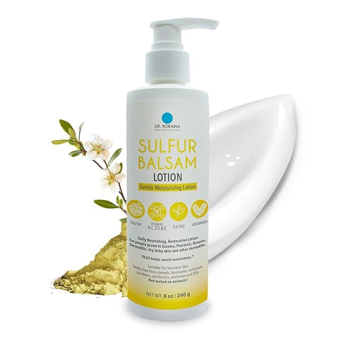 Dr. Robaina Sulfur Balsam Lotion – Daily Moisturizing Lotion for Eczema and Psoriasis Relief – Soothes Redness, Hydrates Sensitive Skin – Natural Ingredients – Made in the USA (Pack of 1)