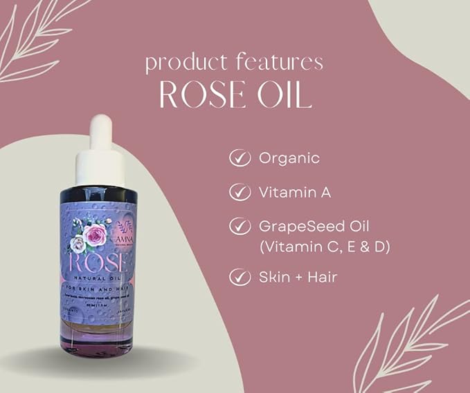 Organic Rose Oil | 100% Pure Infused Rose Oil for Face, Skin & Hair | Rose Oil Infused With Grapeseed Oil | Filtered & Natural Anti-Aging Moisturizer