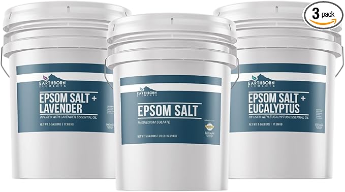 Earthborn Elements Eucalyptus Epsom Salt, Lavender Epsom Salt, & Epsom Salt Bundle (5 Gallons Each), Bulk Sizes, Pure & Undiluted, Soak & Clean