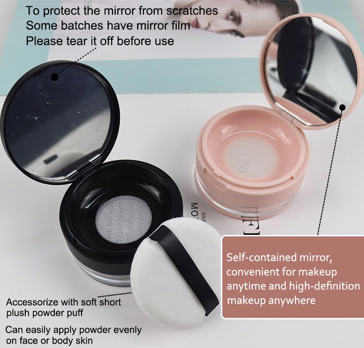 AKOAK 2 Pcs Capacity 20 ml(0.67 oz) Empty Reusable Plastic Loose Powder Compact Container DIY Makeup Powder Case with Sponge Powder Puff,Mirror and Elasticated Net Sifter (Small mesh face)