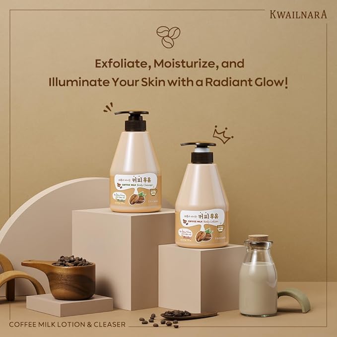 WELCOS Kwailnara Coffee Milk Body Lotion & Body Wash Set – Moisturizing & Energizing Korean Skincare Bundle with Coffee Extract, 560g / 19.75oz Each