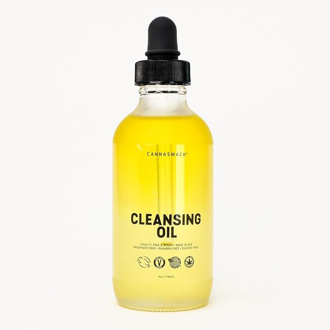 CannaSmack Cleansing Oil - Gentle Daily Face Cleanser & Makeup Remover with Hemp Seed, Argan, & Rosehip - Hydrating, Non-Drying Formula for All Skin Types, 4 oz