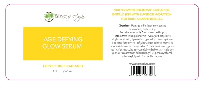 Essence of Argan Glow Face Serum Vitamin C with Alpha Arbutin Matrixyl & Oat Protein for a Firmer Radiant Skin Face Brightening (2 fl oz/60 ml)