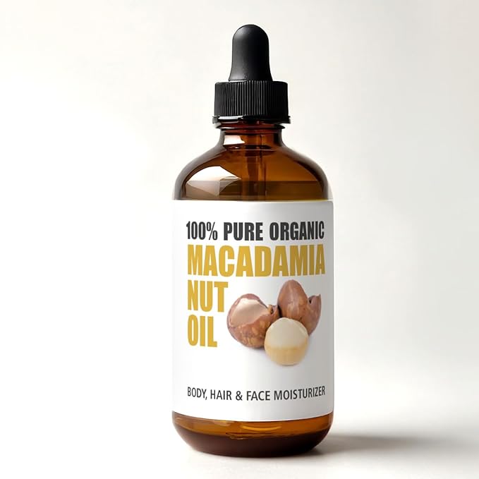 Organic Macadamia Nut Oil Moisturizer for Dry Skin In Large 4oz Glass Bottle | Cold Pressed and Unrefined Hair Oil
