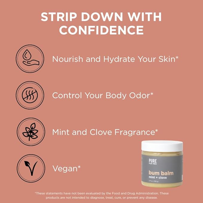 Pure for Men Bum Balm | Raw Lotion for Men | All Purpose Skin Hydration and Deodorizing Balm | Raw Shea Butter, Mint and Clove | 3.8 oz.