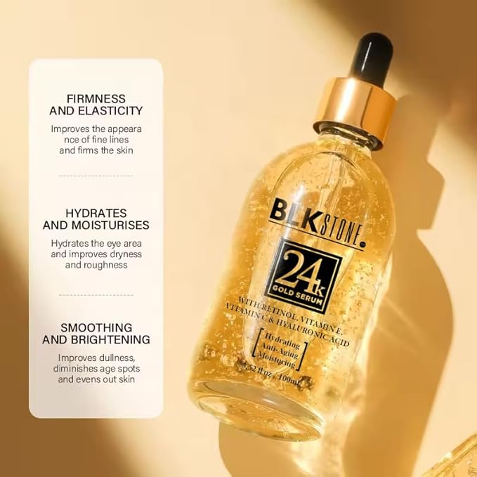 24K Gold Serum for Face, Anti aging, Skin Brightening, Anti-wrinkle serum with Vitamin E, Retinol, Hyaluronic Acid, Vitamin C & Castor oil, Skin Care Glow Serum 100mL