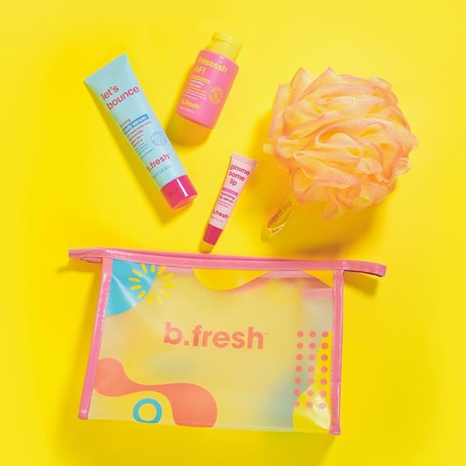 b.fresh Body Care Gift Set | Fressssh All Over - Self Care Kit Includes Travel Size Body Wash, Firming Body Serum, and Full Size Loofah with Hydrating Lip Serum