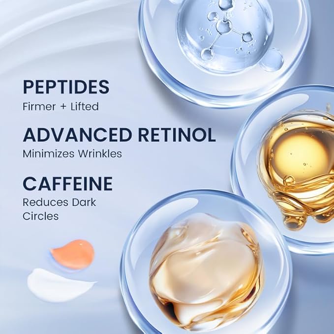 Dual Eye Cream with Advanced Retinol, Peptides, Caffeine for Puffy Eyes and Dark Circles, Wrinkles, Anti Aging, Under Eye Bags Treatment, Instant Tightener, Fragrance Free, 0.68 OZ