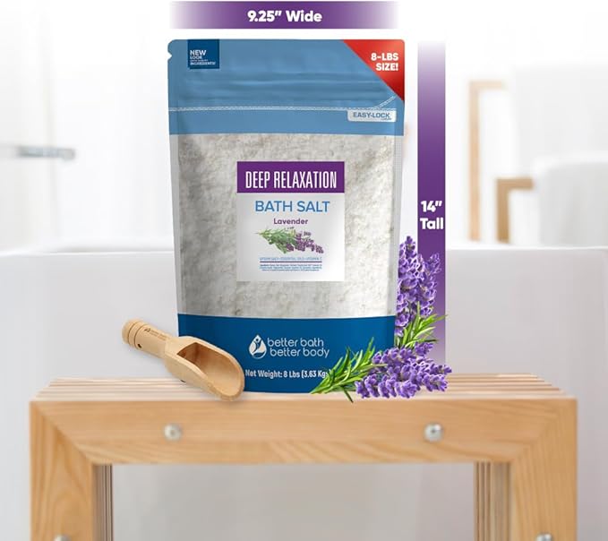 Deep Relaxation Bath Salt 128 Ounces Epsom Salt with Natural Lavender Essential Oil Plus Vitamin C in BPA Free Pouch