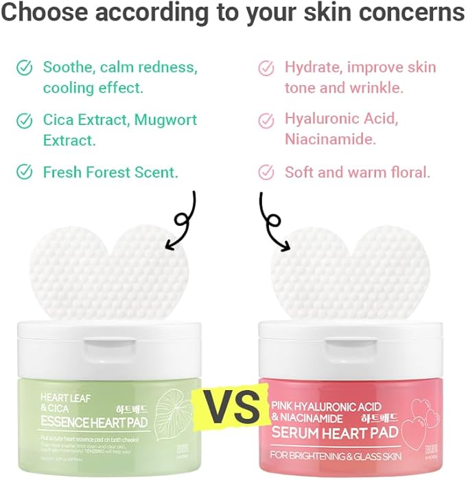 TENZERO Heart Leaf CICA Essence Heart Pad 50ea, Redness Relief Soothing Pore Care for Sensitive Skin, Korean Facial Toner Pads, Hydrating & Refreshing, Centella, 150g