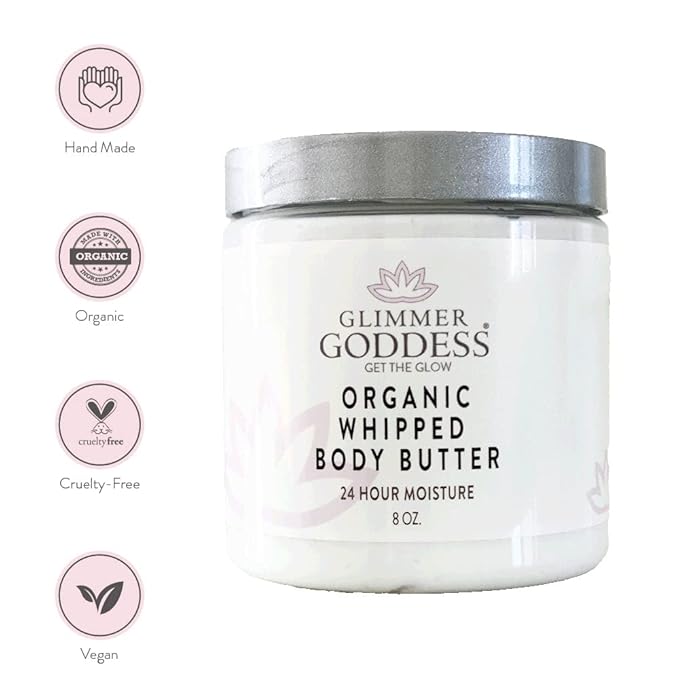 GLIMMER GODDESS Organic Whipped Body Butter- Pink Grapefruit, Vegan, 24 Hr Hydration, Less Stretch Marks, All Skin Types, Child-Safe, Organic, 8 oz