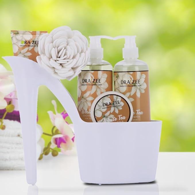 Draizee Mothers Day Gifts for Mom-Spa Gift Baskets for Women-6 Pcs Luxury White Tea Scented Heel Shoe Design Bath and Body Spa Set, Self Care Package for Women, Presents for Mom, Body Care Set for Her
