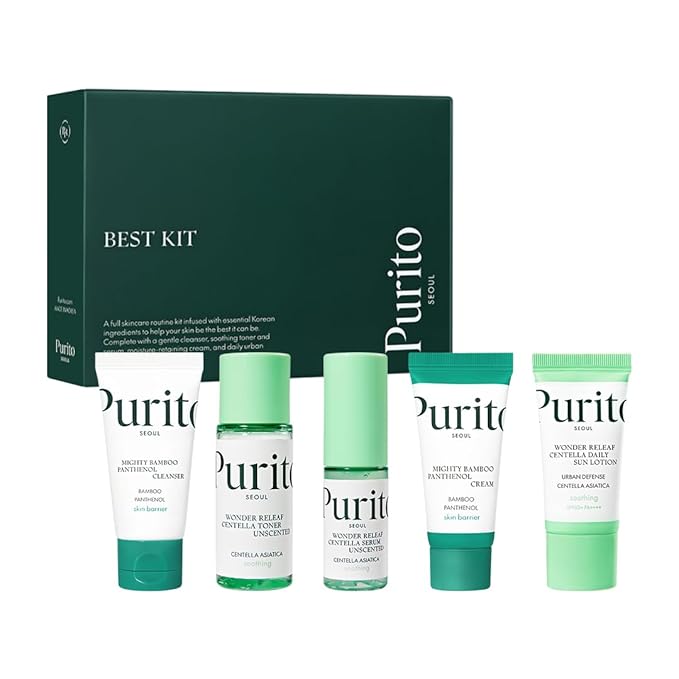 PURITO SEOUL Best Kit - Skincare Routine with Panthenol Cleanser & Cream, Unscented Centella Serum & Toner, For All Skin Types, Gift Set, For Face, Facial Serum, K-Beauty, 3.52 fl. oz.