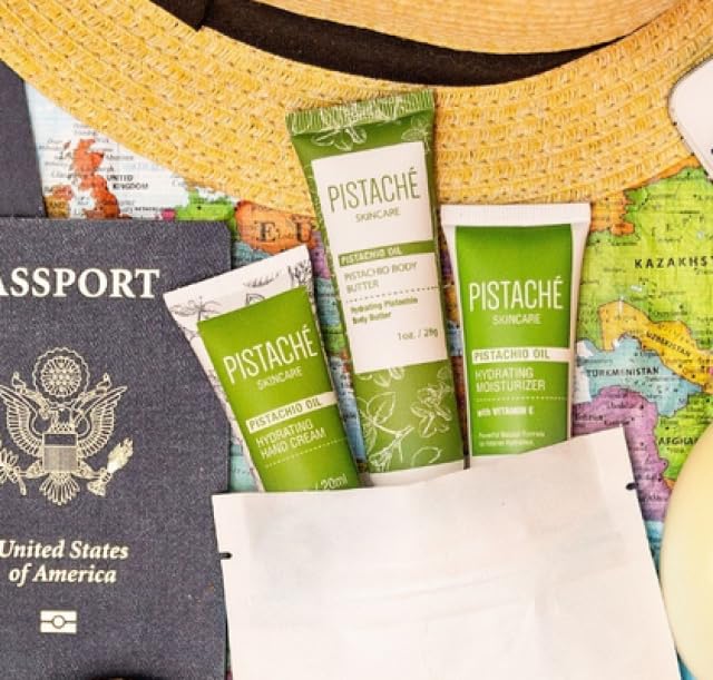 Pistaché Skincare Pistachio Oil 5-Pc Mini Collection (Travel) + Body Butter, Hand Cream, Biscotti Perfume, Eye Cream & Face Moisturizer + Hydrates and Nourishes + Vitamin E + Antioxidant Protection