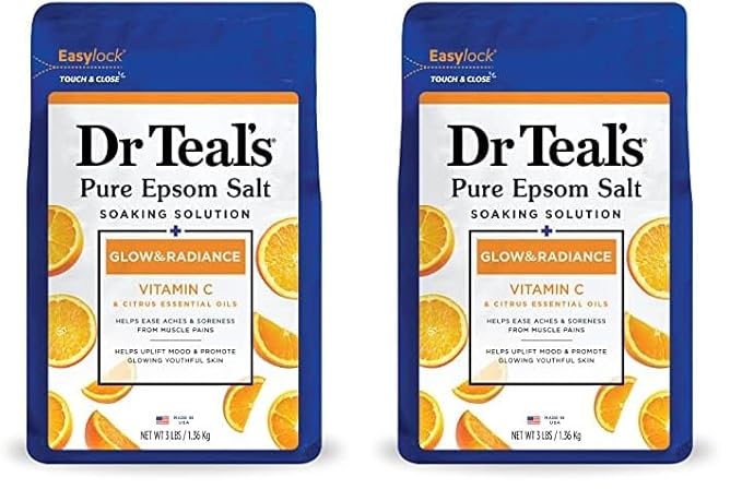 Dr Teal's Salt Soak with Pure Epsom Salt, Glow & Radiance with Vitamin C & Citrus Essential Oils, 3 lbs (Pack of 2)