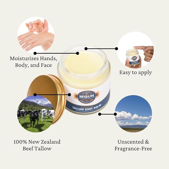 Unscented Beef Tallow Moisturizing Hand & Body Balm - 100% Natural New Zealand Tallow Fragrance-Free