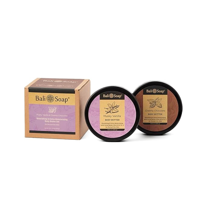 Bali Soap - Musky Vanilla & Creamy Chocolate - Mix Set of 2 - Nourishing and Extra Moisturizing Body Butter For Dry Skin - Enriched with Cocoa Butter, Olive Oil, Aloe Vera and Vitamin E - 7 oz each
