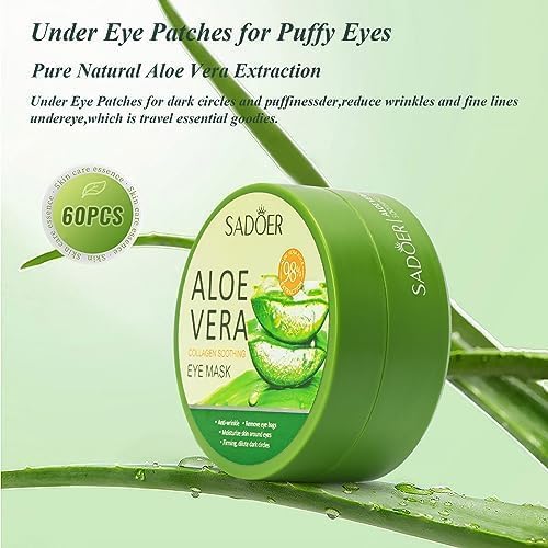 Under Eye Patches, Eye Mask, Eye Patches for Puffy Eyes and Dark Circles - 60 PCS Aloe Vera Under Eye Mask to Reduce Puffiness, Fine Lines, and Wrinkles with Pure Natural Extracts