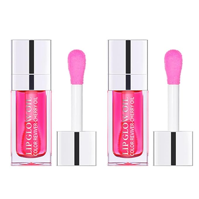 Plumping Lip Oil, Hydrating Gloss Tinted Lip Balm Transparent Lip Care, Big Brush Head Glitter Shine, Long Lasting Nourishing Non-sticky Fresh Texture(2PCS RASPBERRY)