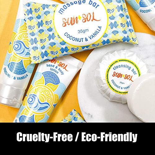 Sun + Sol Luxurious Hand & Body Lotion With Warm Coconut & Vanilla Fragrances, Travel Size Toiletries, Mini Hotel Amenities