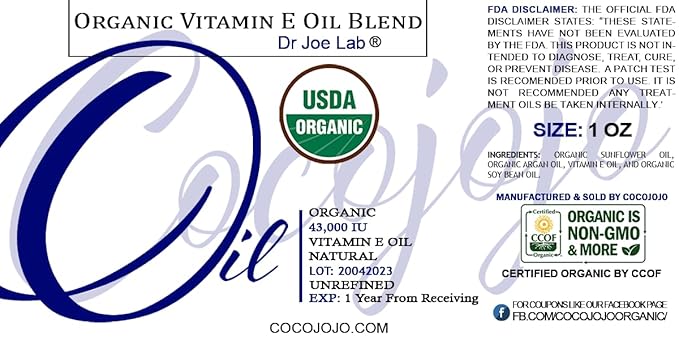 Dr Joe Lab Vitamin E Oil for Skin, Organic Vitamin E Oil for Hair, Face, Liquid Vitamin E, Vitamin E Body Oil, 100% Pure Natural Cold Pressed Unrefined, Moisturizes & Nourishes, Non GMO - 1 Oz