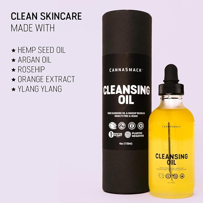 CannaSmack Cleansing Oil - Gentle Daily Face Cleanser & Makeup Remover with Hemp Seed, Argan, & Rosehip - Hydrating, Non-Drying Formula for All Skin Types, 4 oz