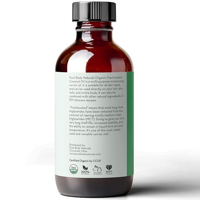 Pure Body Naturals Organic Fractionated Coconut Oil for Skin and Hair, 4 fl oz - Liquid Carrier Oil for Diluting Essential Oils, Hair Growth & Skin Moisturizer