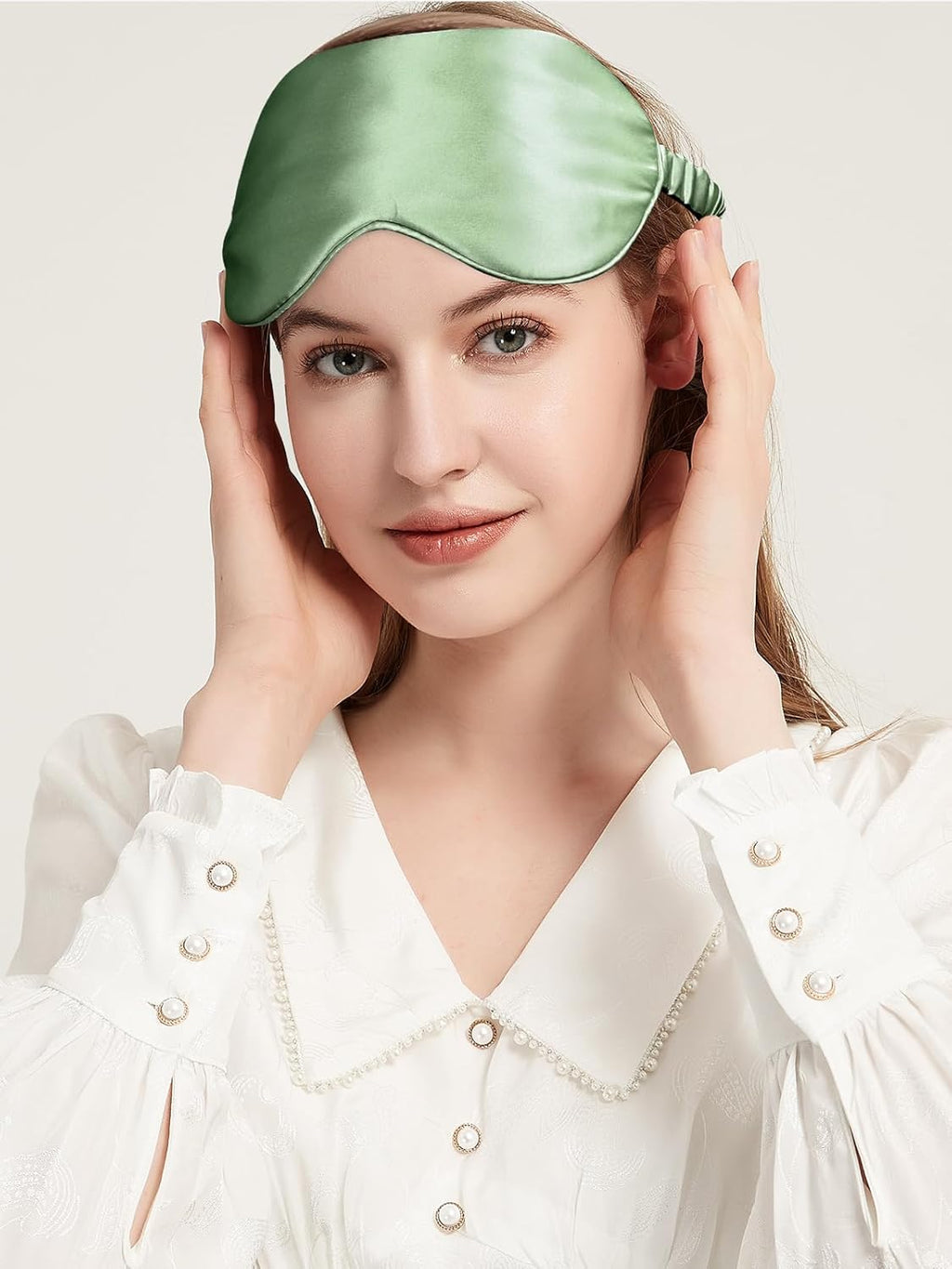 100% Mulberry Silk Eye Mask for Sleeping with Silk Wrapped Adjustable Strap,Sage Green