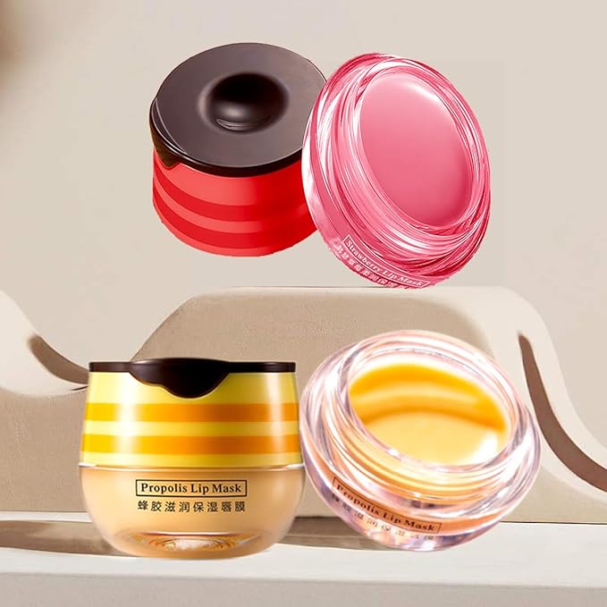 2 Pcs Bee Lip Balm Honey Pot,Honey & Strawberry Lip Mask Propolis Moisturizing Lip Balm with Stick,Prevention Dry and Cracked Lip Scrubs,Exfoliator Lip Wrinkle Skin Care Products