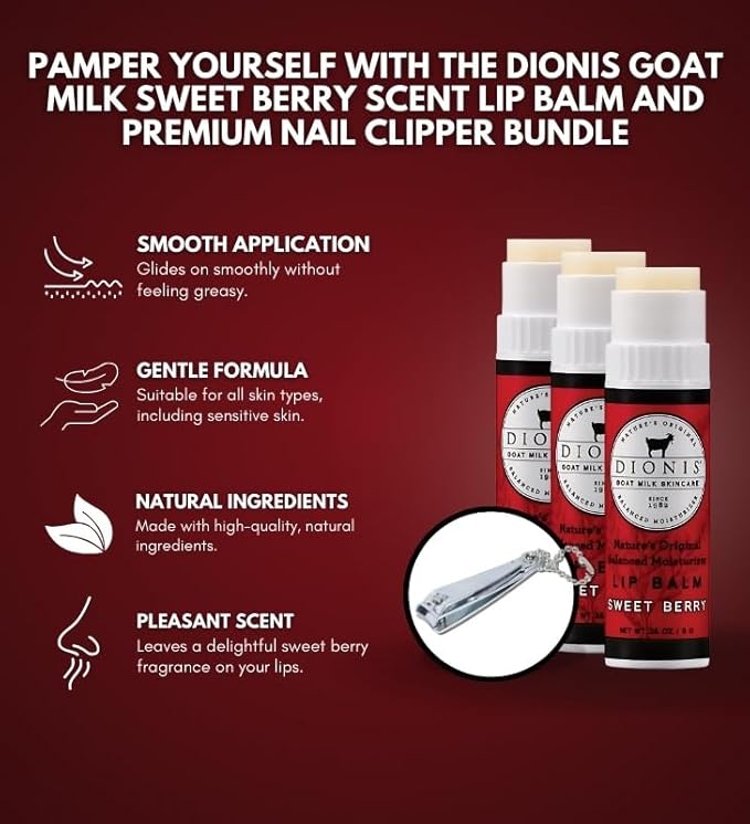 Goat Milk Sweet Berry Scent Lip Balm 0.28 oz Bundle with Nail Clipper - Moisturizing Lip Milk with Shea Butter, Coconut Oil, and Beeswax - Repair Chapped Lips - (4 Items)