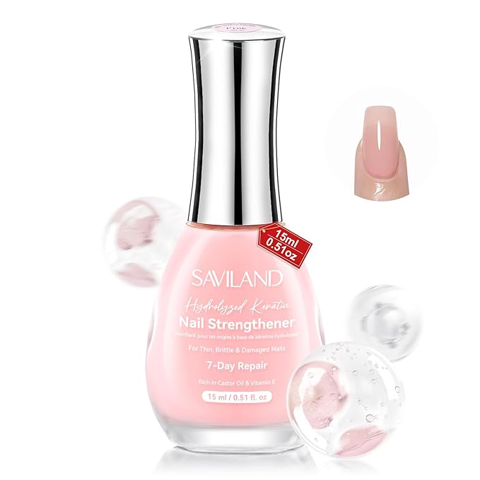 SAVILAND Advanced Nail Strengthener: Pink Air Dry Natural Concealer Foundation Polish Nail Growth for Damaged Nails Repair Weak & Thin Nails with Castor Oil & Vitamin E 15ml Women Gift