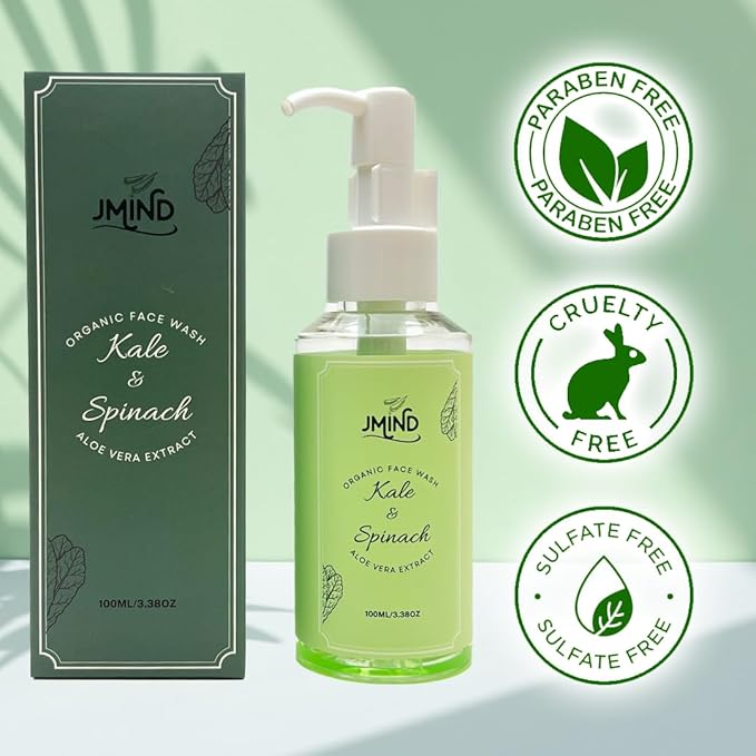 JMind Kale & Spinach Organic Face Wash - Vegan Daily Face Wash - Green Tea Facial Cleanser - pH Balanced - All Skins (3.38oz)