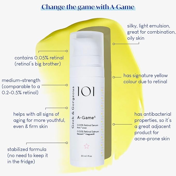 Geek & Gorgeous - A-Game 5-0.05% Retinal serum - silky, light with medium-strength retinal, anti-aging - all skin types, especially combination & oily skin, 1 oz