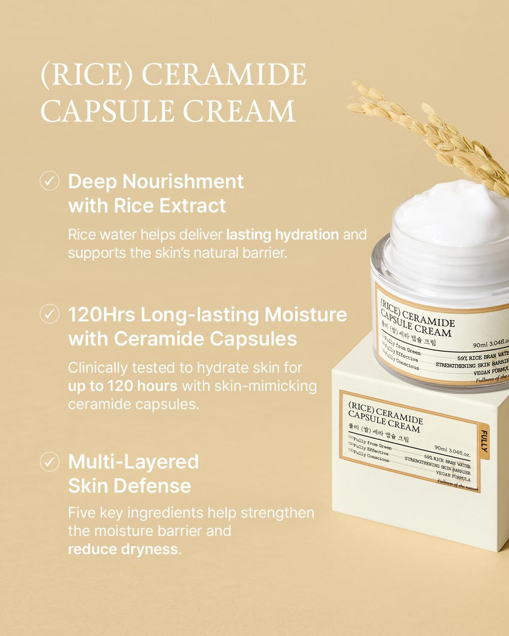FULLY Rice Ceramide Moisturizing Cream – Deep Hydration Korean Facial Cream with Rice Bran Extract & Ceramide, Strengthens Barrier, Glowing Skin, Fragrance-Free, Vegan& Dermatologist Tested 3.04 fl.oz
