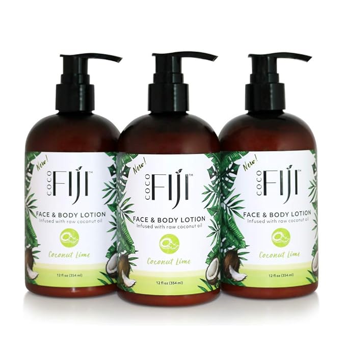 Coco Fiji Face & Body Lotion Infused with Coconut Oil | Lotion for Dry Skin | Moisturizer Face Cream & Massage Lotion for Women & Men |Coconut Lime 12 ozPack of 3