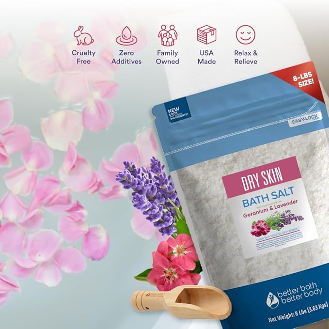 Dry Skin Bath Salt 128 Ounces Epsom Salt with Natural Geranium, Lavender, Ylang Ylang, and Lemon Essential Oils Plus Vitamin C in BPA Free Pouch with Easy Press-Lock Seal